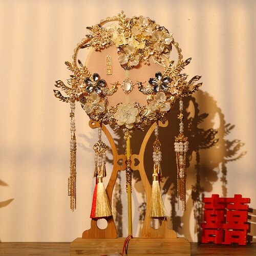 金色团扇新娘结婚扇子diy材料包手工秀禾喜扇婚礼出嫁成品重工