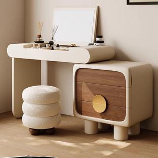 梳妆台斗柜一体奶油风加厚小户型新款翻盖化妆镜实木可伸缩化妆桌