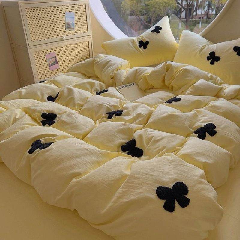 2025新款A类水洗棉蝴蝶结毛巾绣床上三件套四件套被套床单床笠