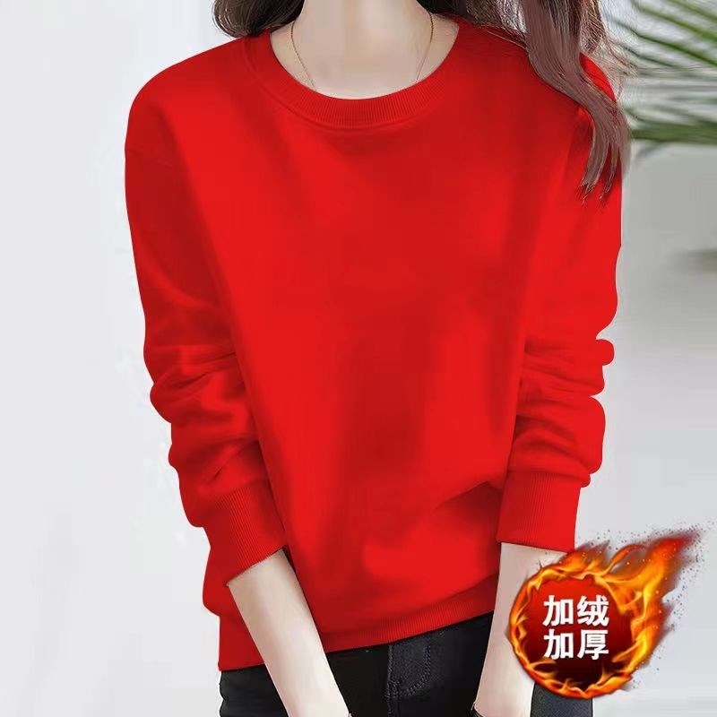 红色卫衣女秋冬新款加绒圆领套头衫春秋纯棉宽松妈妈装长袖女上衣
