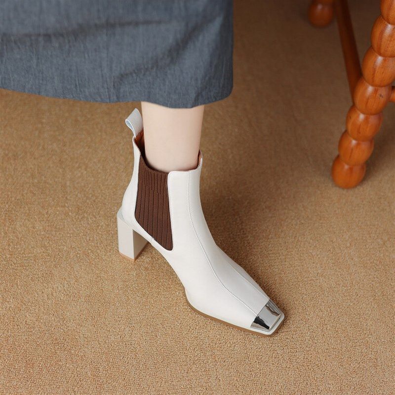 巨好看~真皮头层牛皮短靴女单靴金属头方头粗高跟松紧套筒米白色,女鞋,时装靴,淘宝优惠券,粉丝福利购,淘宝优惠卷
