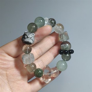天然水晶多宝五行手链天然水晶红胶花,金发晶,绿幽灵,黄水晶