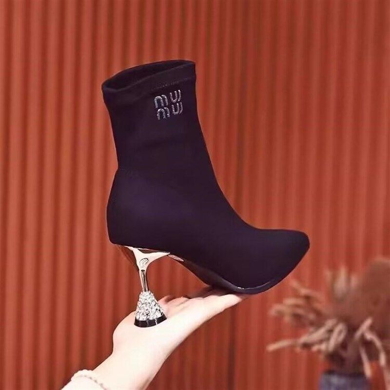 网红弹力瘦瘦靴女2024年秋冬季新款真皮磨砂高跟鞋女细跟尖头短靴,女鞋,弹力靴/袜靴,淘宝优惠券,粉丝福利购,淘宝优惠卷
