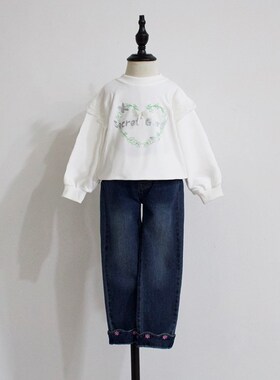 110-170码修长显腿型春秋女童牛仔裤长裤柔软弹力裤脚翻边小花