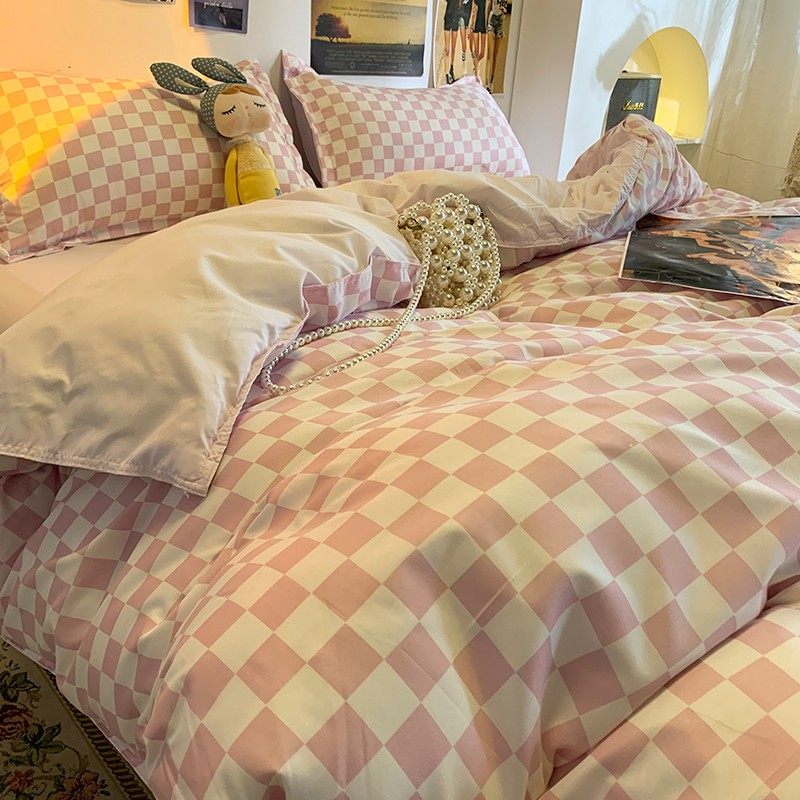 简约公主风粉色格子床上用品四件套学生宿舍简约床单被套三件套,床上用品,床品套件/四件套/多件套,淘宝优惠券,粉丝福利购,淘宝优惠卷