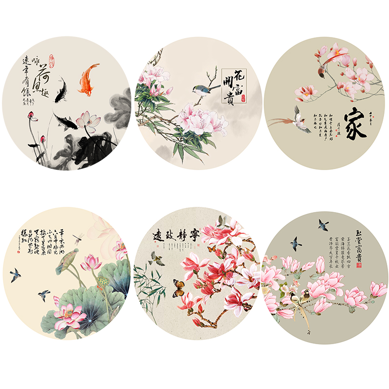 圆形布画喜鹊登枝牡丹荷花客厅转角餐厅茶室挂画喷绘打印墙布画芯
