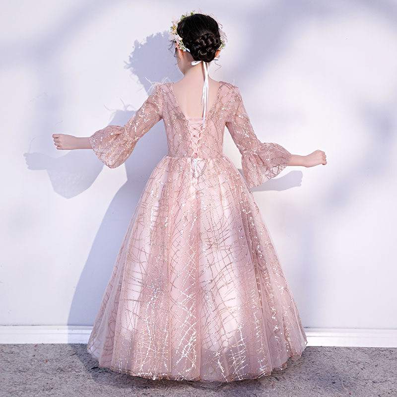 女童礼服粉色公主裙蓬蓬纱儿童喇叭袖主持人晚礼服生日演出服洋气