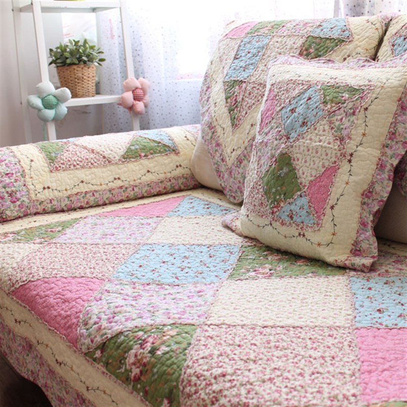 生如夏花 斜纹拼布格子 清新布艺纯棉防滑沙发垫防尘垫巾 飘窗垫