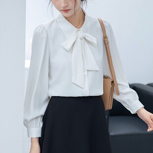 白色雪纺衬衫女秋款职业正装衬衣教资公考面试穿搭衬衫女