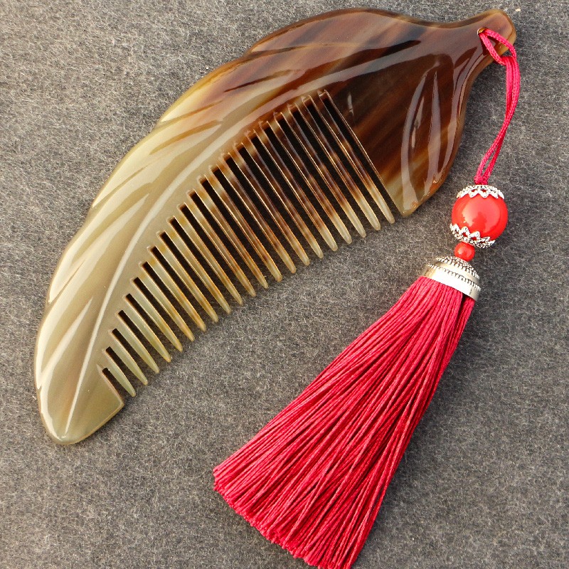 天然白牛角按摩梳子防静电个人护理清洁头皮密齿叶子洗漱梳长15CM