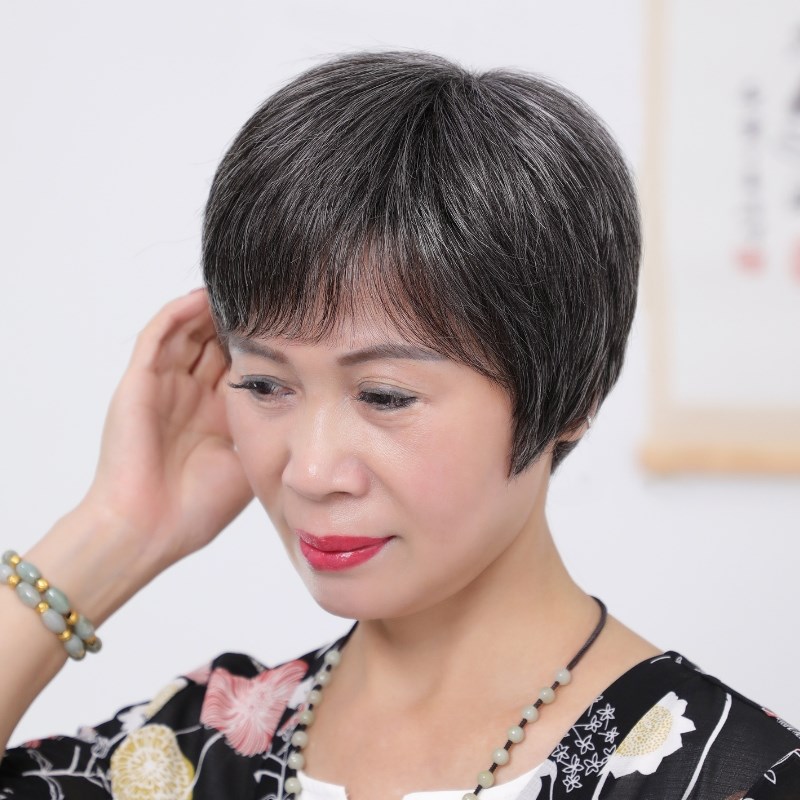 假发女短发中老年花白头发老人奶奶光头白色真发全头套式化疗表演