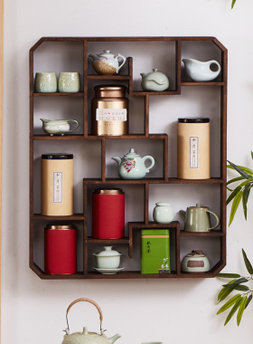 实木多宝阁上墙博古架壁挂式茶杯茶具收纳架展示架茶壶置物架格架