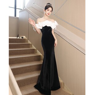 黑色一字肩晚礼服女气质高端鱼尾高级感成人礼宴会连衣裙轻奢小众