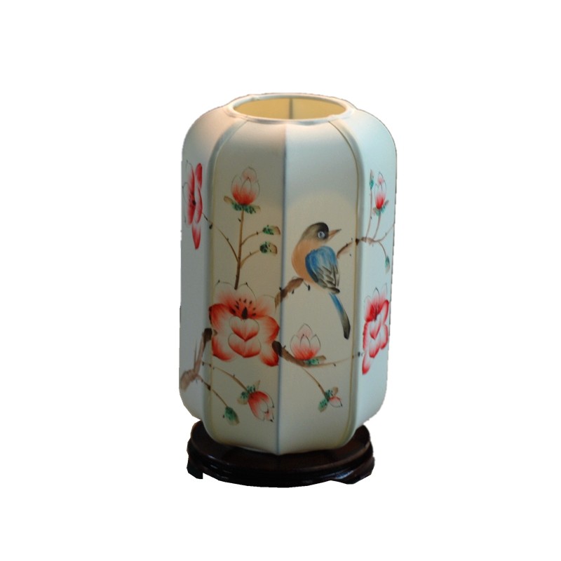 新中式手绘花鸟台灯古风卧室装饰真丝布艺床头氛围灯小夜灯可充电