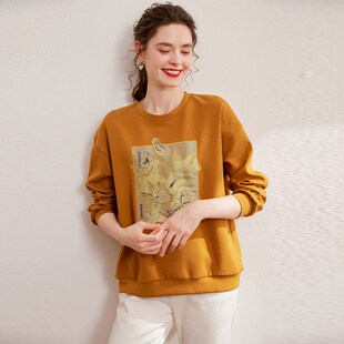 卫衣女 休闲圆领微弹宽松长袖 白鹿语蝴蝶贴布绣花上衣2024秋款 时尚