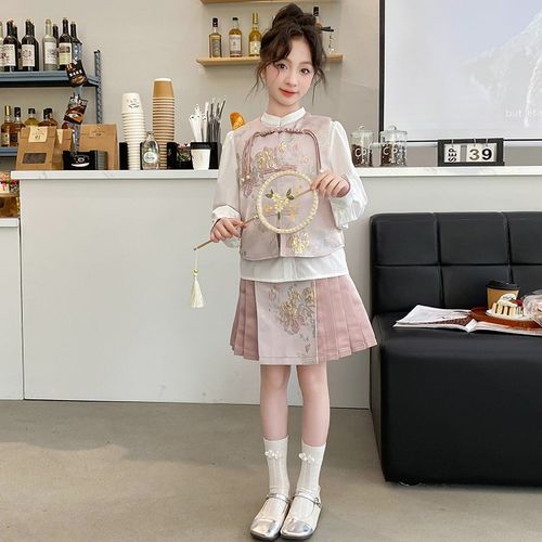 汉服女大童马面裙套装春秋季新款春装国风唐装马甲连衣裙子三件套