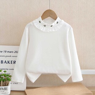 童服白色洋气童装 女童T恤打底衫 儿童上衣t恤衫 新款 小童 2024秋装