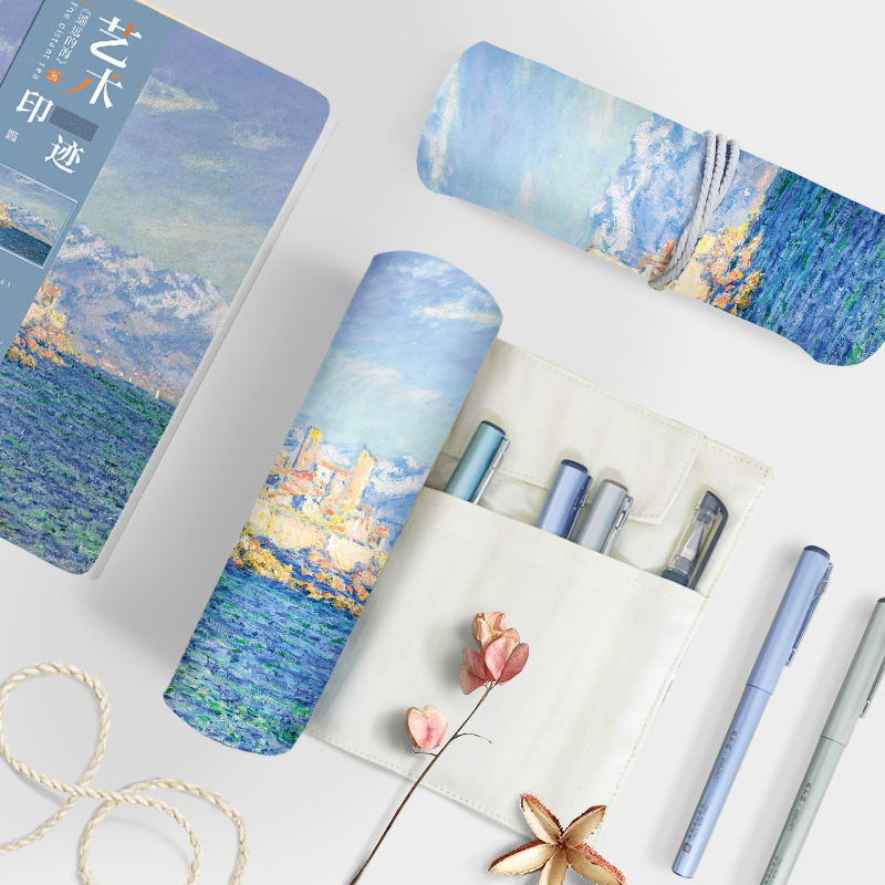 墨染文坊莫奈遥远的海棉布涤纶帆布文艺卷笔帘笔袋艺术油画名画大