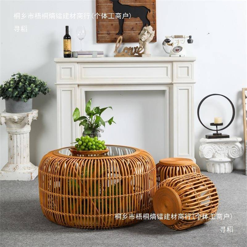 形竹藤艺001术茶几藤几厅卧室竹编玻璃可收纳小客圆矮藤桌凳