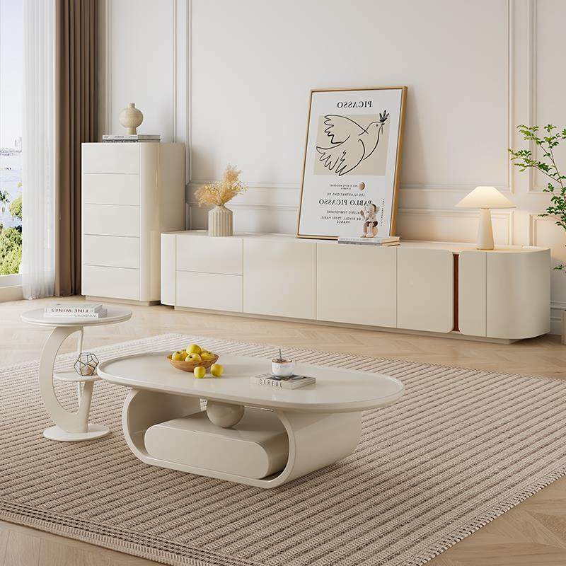 M*客纯木落地电视柜茶几组合现代简约小户型厅奶油实J10风板岩电