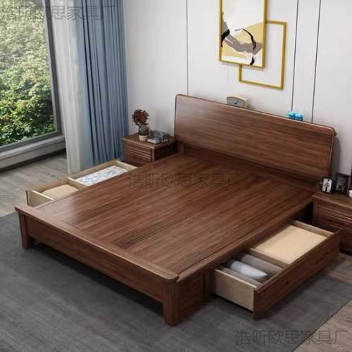实木床胡桃双人1米木床户5小型卧室单人床现代简约气压抽92703屉