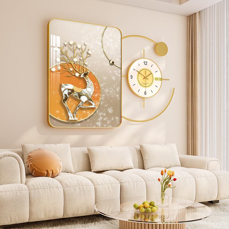现代风铁客上厅沙壁挂饰品艺晶瓷装饰画发挂画背影墙钟挂NXJ表装