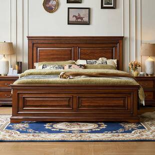 红橡木美式实木1.8实米双人床简复约古平头主卧1NTMY-M00.5床米复