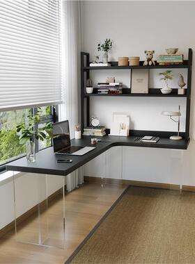 型亚克力VEQ转角书桌书架一体桌木家用黑色实办电脑桌l拐角公桌
