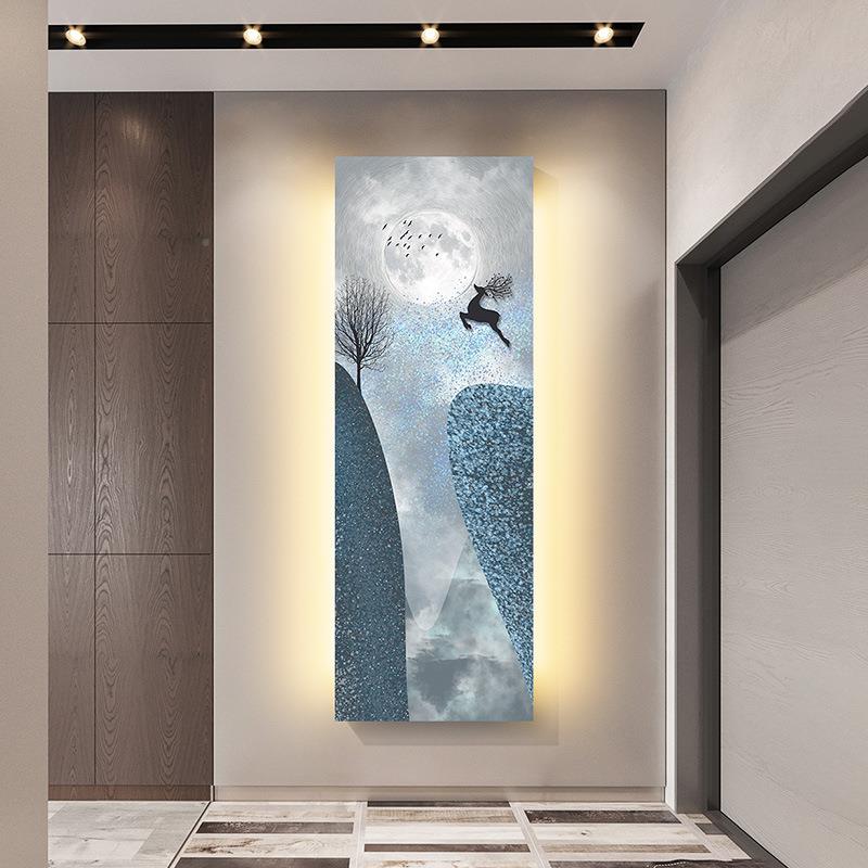 现代轻奢玄关装饰画长竖版条画大气鹿约走过道UYX窄挂画led简灯廊