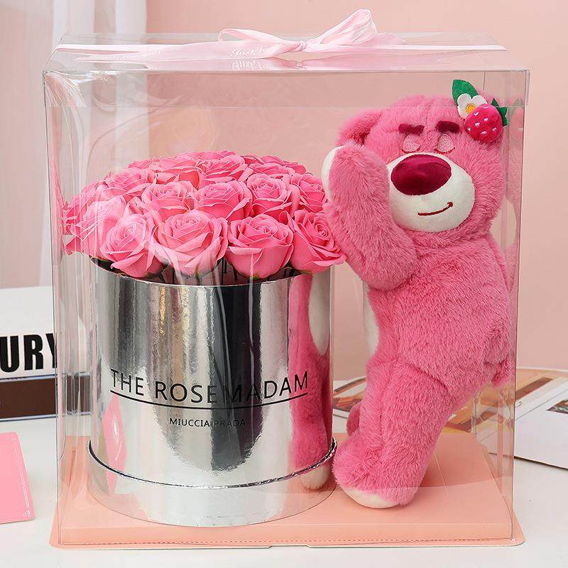 红网草莓PDB熊抱抱桶围香皂花创意学生卧室氛友感摆件情人节送女