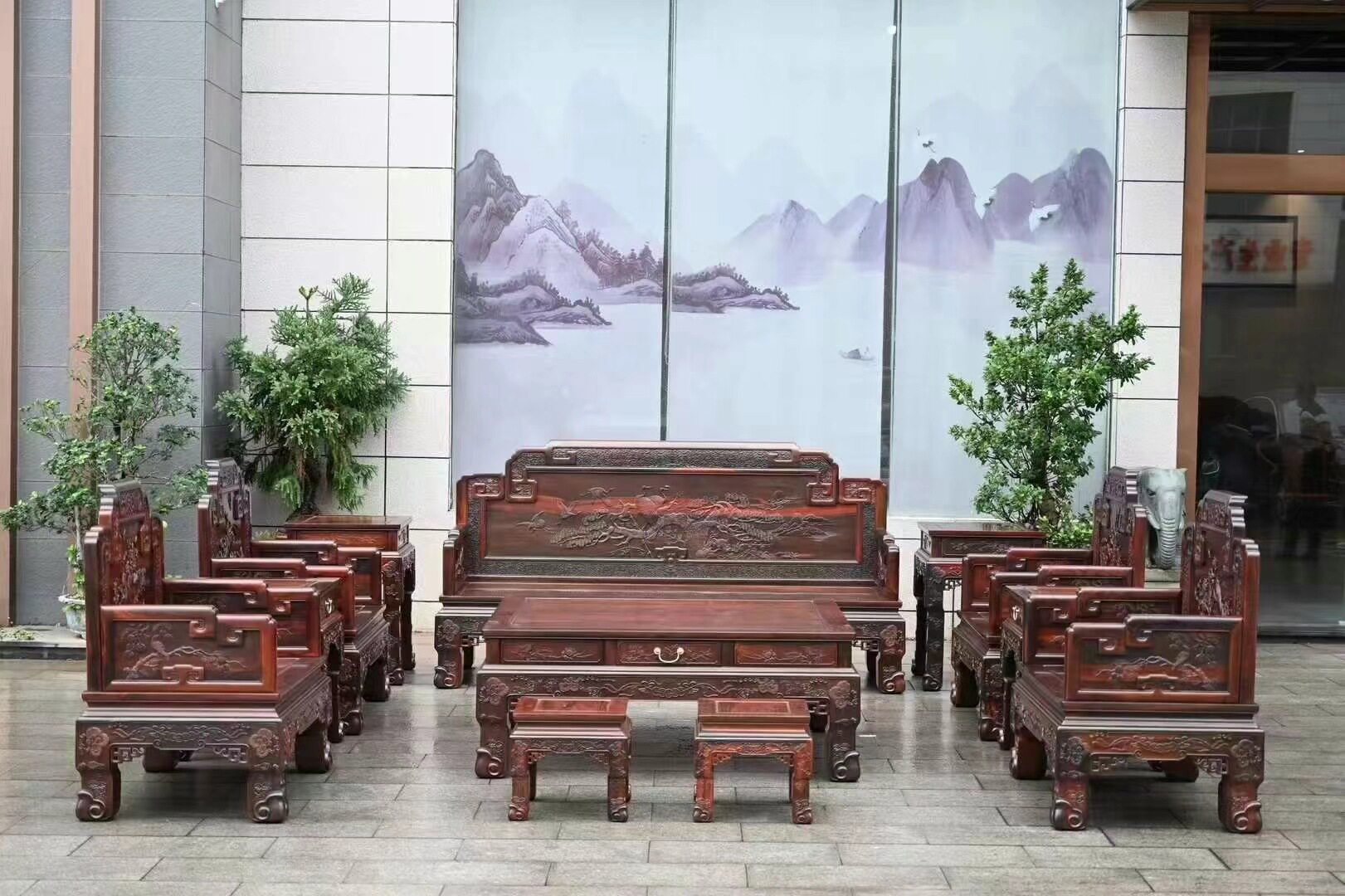 老挝大红酸枝交趾黄檀明清式国宾款仙鹤延年沙发宝座组合客厅沙发