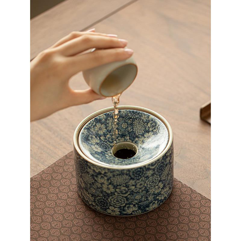 青花繁花彷宋汝窑茶渣缸烟灰缸带盖防灰建水水盂陶瓷功夫茶道配件