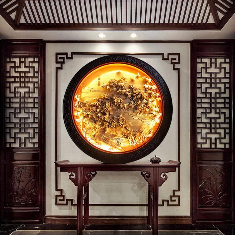 东阳木雕手工雕刻玄关背景墙圆盘挂件深浮雕新中式圆形壁挂可定做