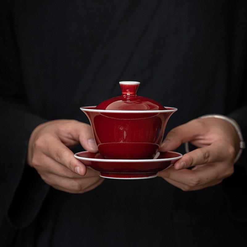 景德镇汝窑见山烧郎红敬茶碗陶瓷盖碗大号功夫茶杯茶具泡茶碗三才