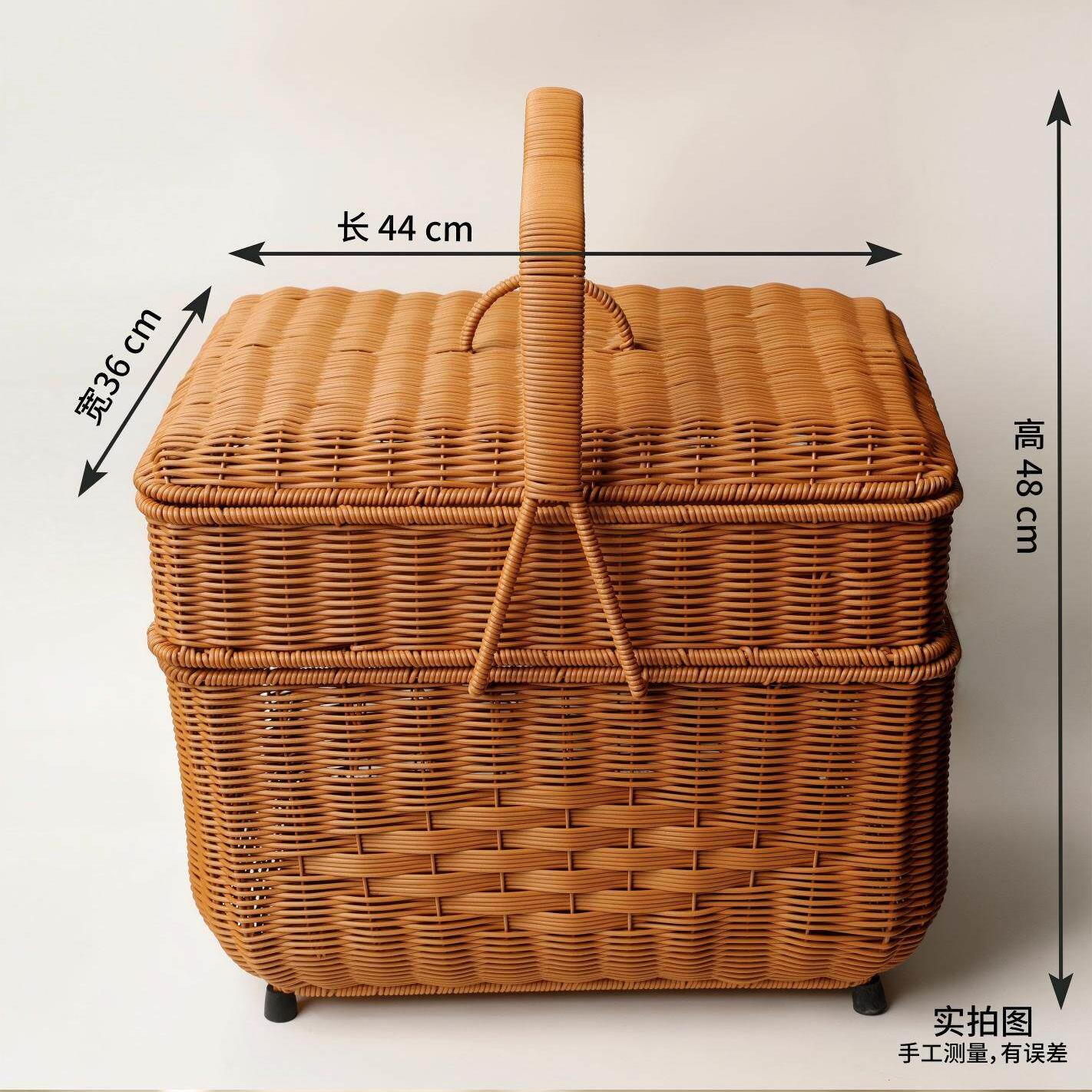 方形双层手工仿藤编收纳篮拜拜篮带盖子复古野餐篮多功能喜事篮