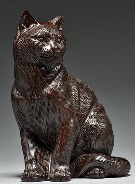 黑OQT檀雕猫咪摆件新式实木装动物可爱小猫家居客厅桌中面木饰工
