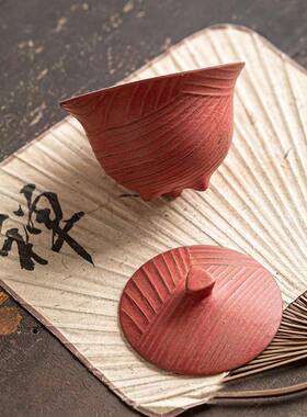 引VGJ粗陶胭脂红三足盖工碗大手陶瓷号泡粉茶碗单个高档茶具敬茶