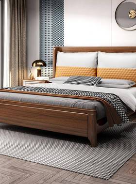 现LPW代简约胡1桃木实木床.5米1.8双人新中储式主卧家软包物大床