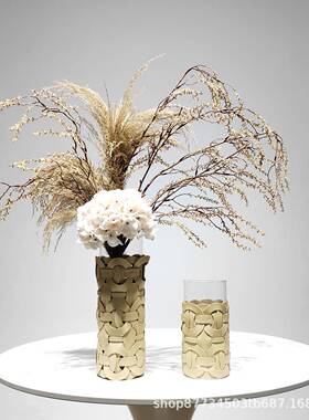 现代奢直花筒玻璃瓶创意RXA编织皮革花瓶艺摆件样板花轻房售楼处