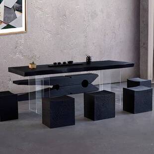 原木大板餐桌子亚克力工作台设计师悬浮创意黑色实木茶桌民宿炭化