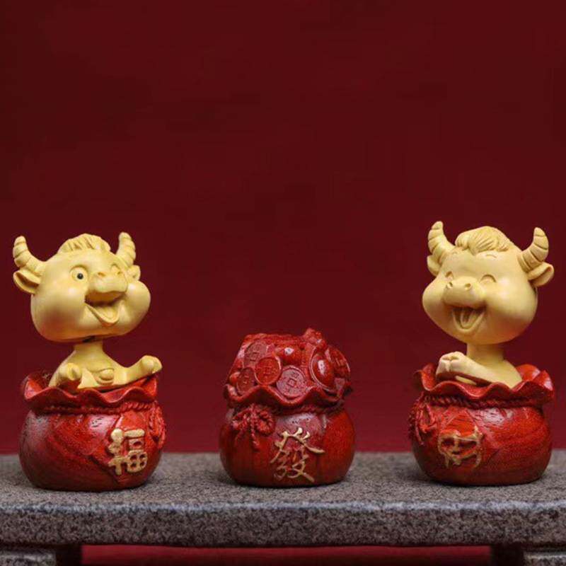 黄杨木雕卡通牛牛车摆件 牛摇头实木雕刻文玩茶宠装饰工艺品