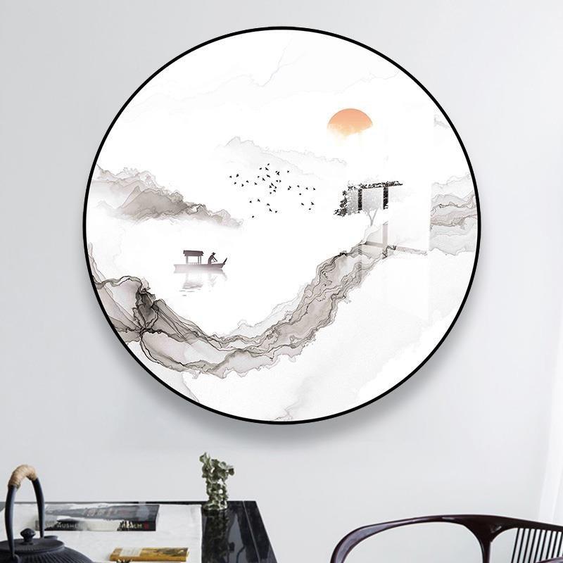 新中式装饰圆形玄关有框画轻字画客画奢厅挂面画餐厅墙圆画中ZW20