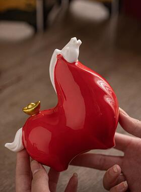 红色陶MMO瓷唐马一对招财居玄件关柜桌面摆办公室吉祥物生肖家酒