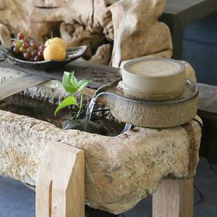 石磨流水摆件陶瓷招财水磨石槽搭配磨盘庭院茶台水景鱼缸配件滴水