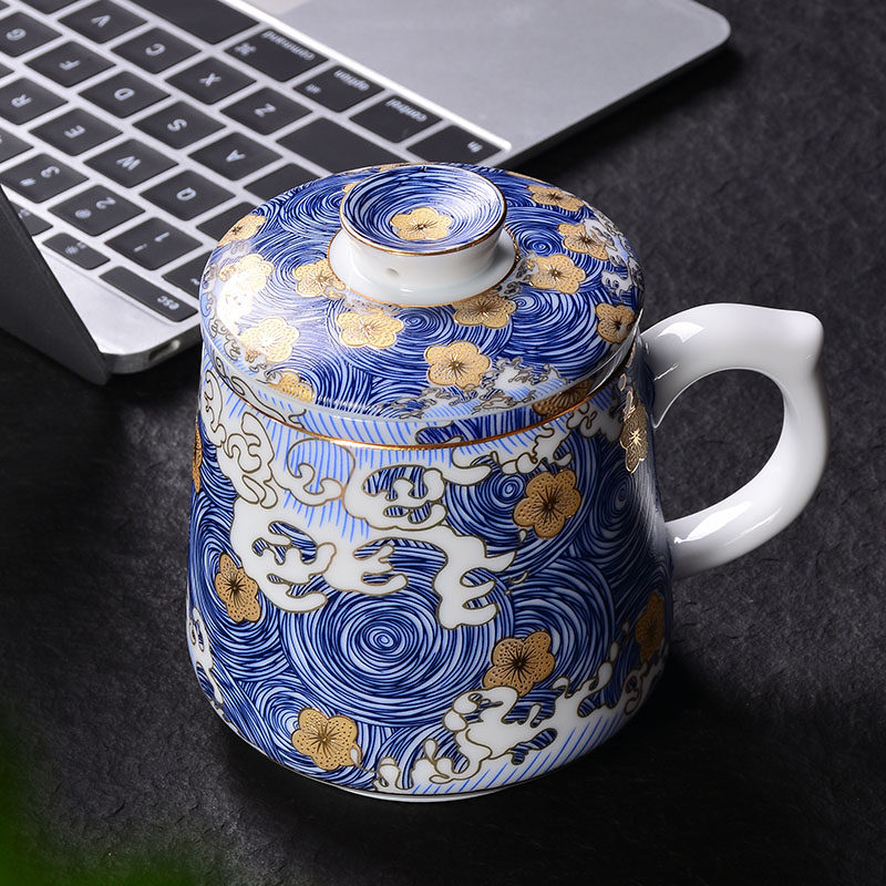 青花瓷泡茶杯陶瓷喝茶杯带盖过滤茶水分离杯办公室杯子花茶滤茶杯