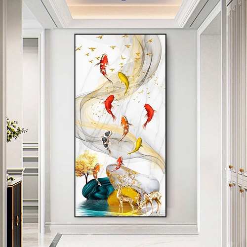 进门生财客厅玄关画正对门挂画走廊尽头墙壁画寓意好九鱼图装饰画