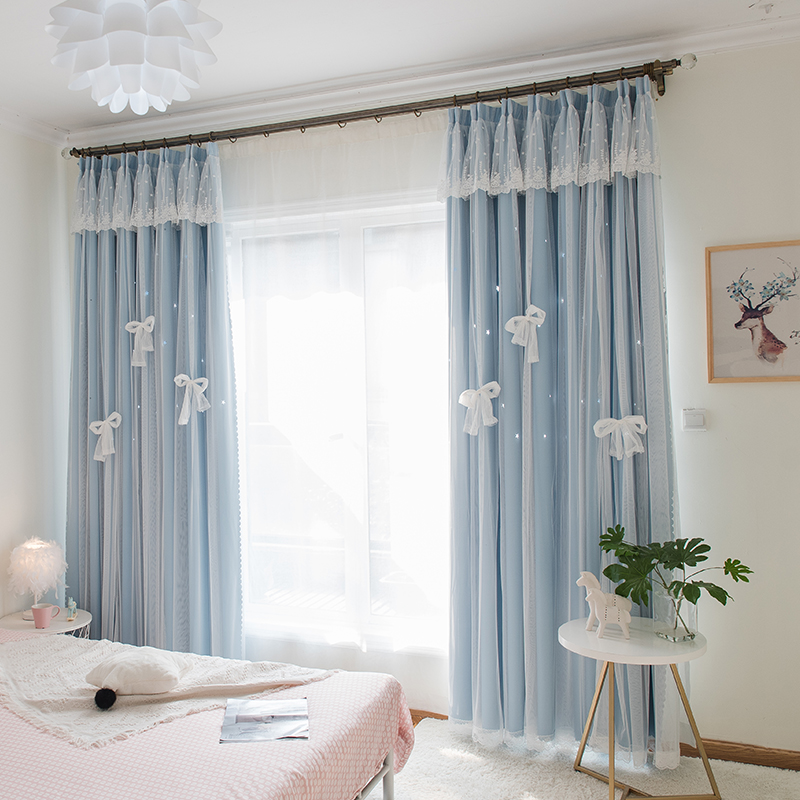 韩式气质淑女遮光隔热刺绣层遮光星星镂空卧室客厅窗帘成品