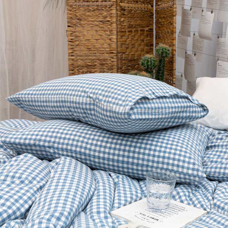 纯棉水洗棉枕套一对装全棉学生宿舍单人纯色格子枕头套48x74cm1对