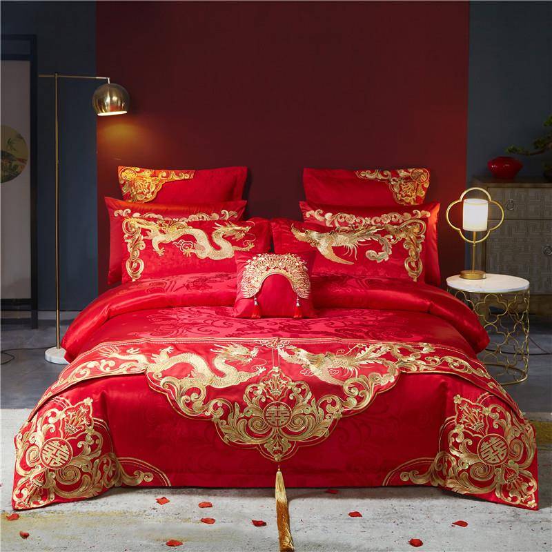 大红100S提花全棉刺绣花婚庆四件套多件套中式喜庆结婚床上用品