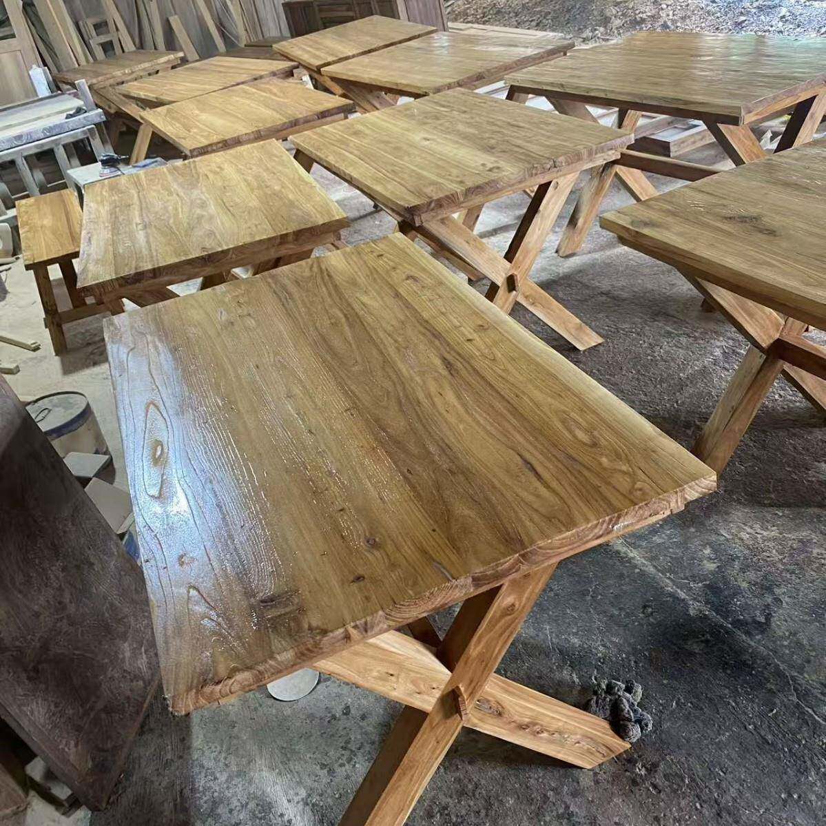 老木实木餐桌餐椅客厅长茶桌卧室电脑桌方交叉桌腿办公榆桌形待客